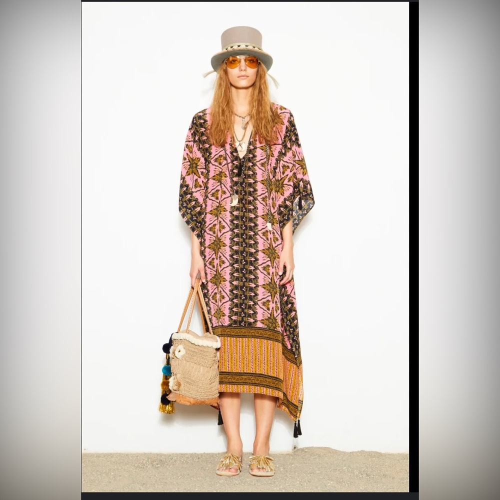 Figue Eliza V-Neck Gypsy Batik-Print Kaftan Dress Coverup Silk